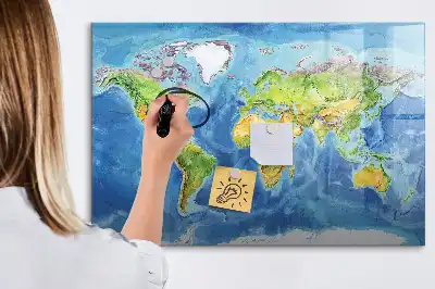 Magnetic glass dry erase board with world map print