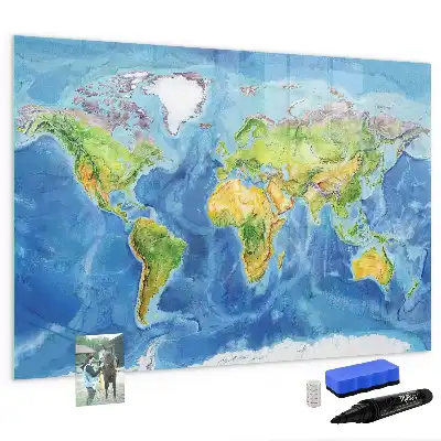 Magnetic glass dry erase board with world map print