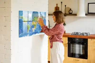 Magnetic glass dry erase board with world map print
