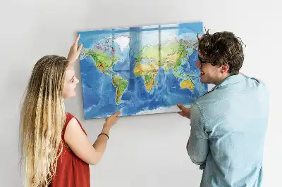 Magnetic glass dry erase board with world map print