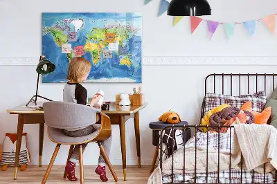 Magnetic glass dry erase board with world map print