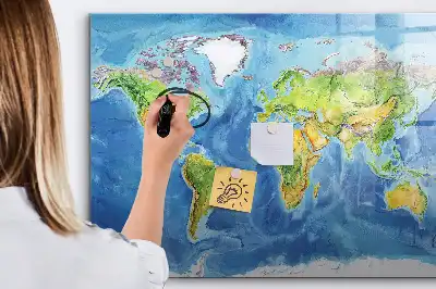 Magnetic glass dry erase board with world map print