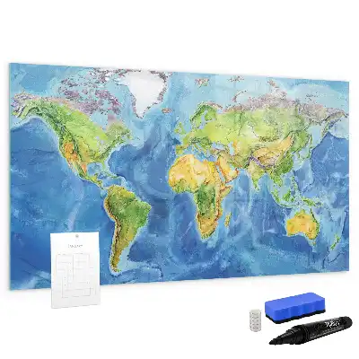 Magnetic glass dry erase board with world map print