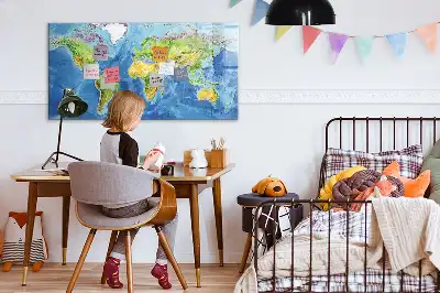 Magnetic glass dry erase board with world map print