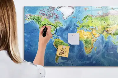 Magnetic glass dry erase board with world map print