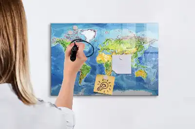 Magnetic glass dry erase board with world map print