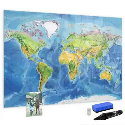 Magnetic glass dry erase board with world map print