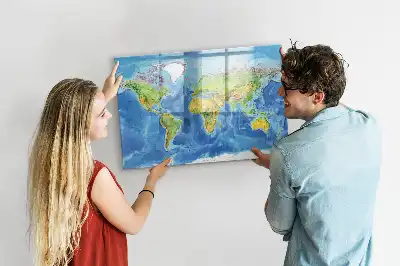 Magnetic glass dry erase board with world map print