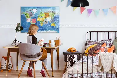 Magnetic glass dry erase board with world map print