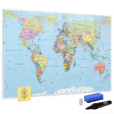 Magnetic glass dry erase board with a world map design