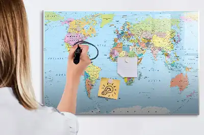 Magnetic glass dry erase board with a world map design