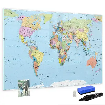 Magnetic glass dry erase board with a world map design