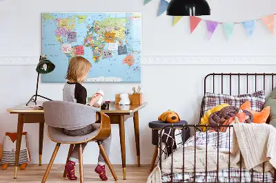 Magnetic glass dry erase board with a world map design