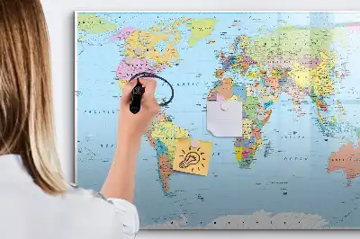 Magnetic glass dry erase board with a world map design