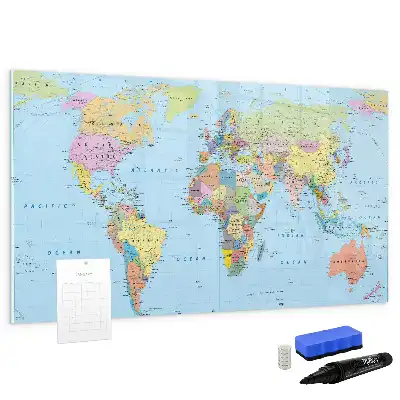 Magnetic glass dry erase board with a world map design