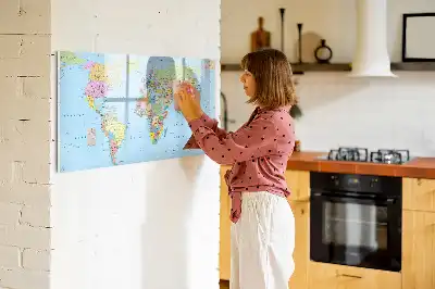 Magnetic glass dry erase board with a world map design