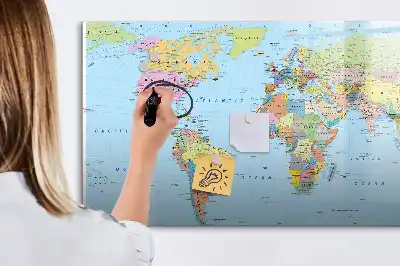 Magnetic glass dry erase board with a world map design