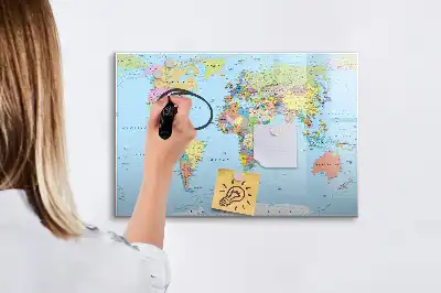 Magnetic glass dry erase board with a world map design
