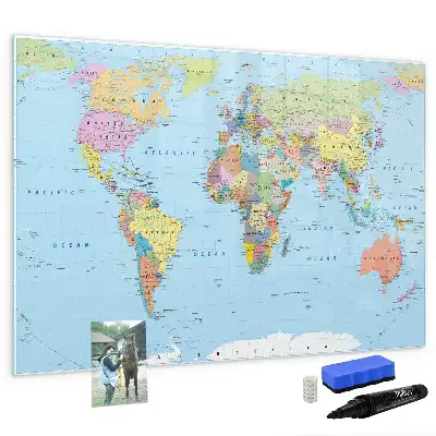 Magnetic glass dry erase board with a world map design