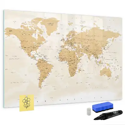 Magnetic glass dry erase board with political world map design