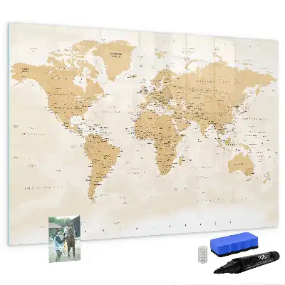 Magnetic glass dry erase board with political world map design