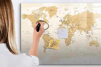 Magnetic glass dry erase board with political world map design