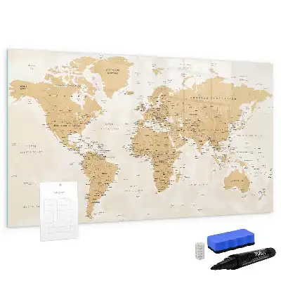 Magnetic glass dry erase board with political world map design