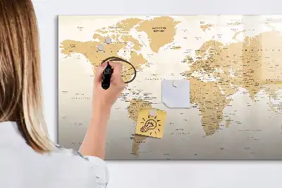 Magnetic glass dry erase board with political world map design