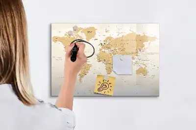 Magnetic glass dry erase board with political world map design
