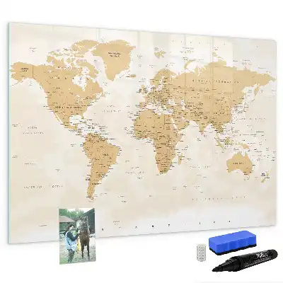 Magnetic glass dry erase board with political world map design