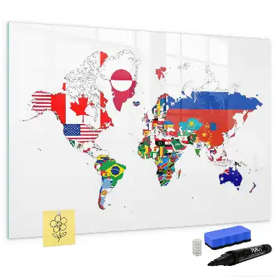 Magnetic glass dry erase board with a national flags map design