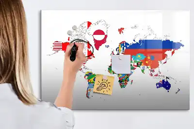 Magnetic glass dry erase board with a national flags map design