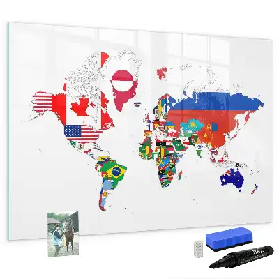 Magnetic glass dry erase board with a national flags map design