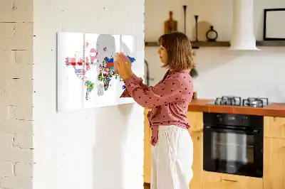 Magnetic glass dry erase board with a national flags map design