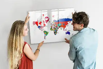 Magnetic glass dry erase board with a national flags map design