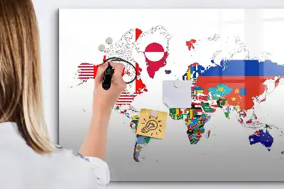 Magnetic glass dry erase board with a national flags map design