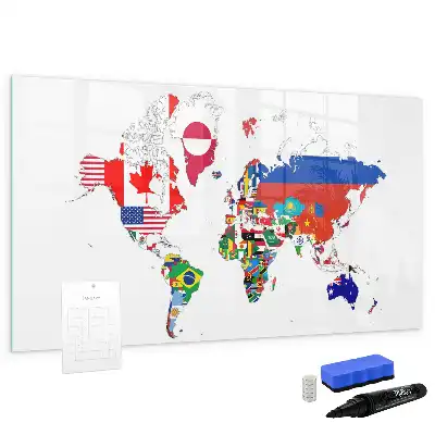 Magnetic glass dry erase board with a national flags map design