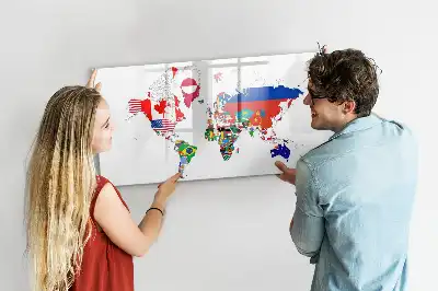 Magnetic glass dry erase board with a national flags map design