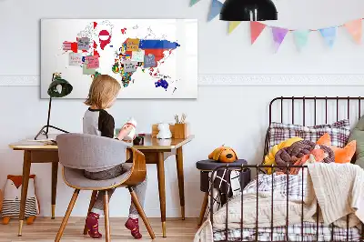 Magnetic glass dry erase board with a national flags map design