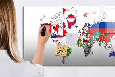 Magnetic glass dry erase board with a national flags map design