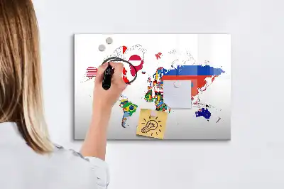 Magnetic glass dry erase board with a national flags map design