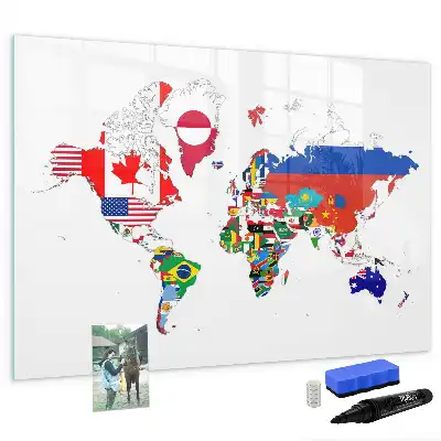 Magnetic glass dry erase board with a national flags map design