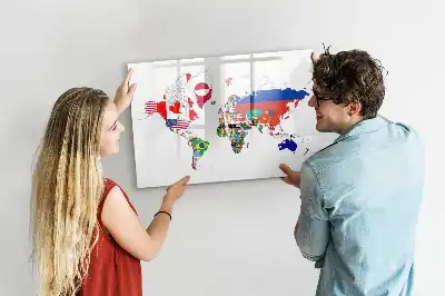 Magnetic glass dry erase board with a national flags map design