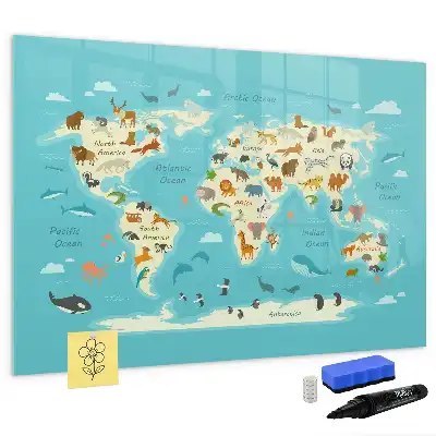 Magnetic glass dry erase board with an animal world map design