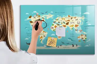Magnetic glass dry erase board with an animal world map design