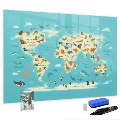Magnetic glass dry erase board with an animal world map design