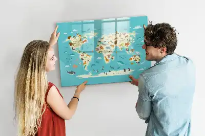 Magnetic glass dry erase board with an animal world map design