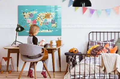 Magnetic glass dry erase board with an animal world map design