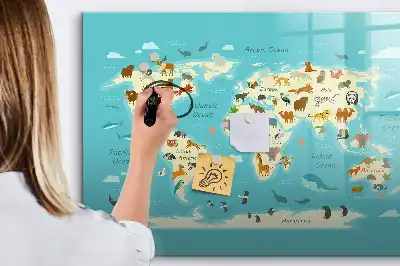 Magnetic glass dry erase board with an animal world map design