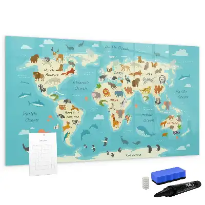 Magnetic glass dry erase board with an animal world map design